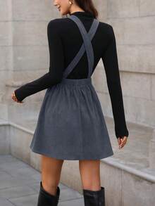 EMERY ROSE Váy nhung kẻ trơn màu tối giản phong cách đi học, thường ngày dành cho nữ, thu/đông - Xám - Xem 2