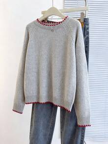 Franclia Casual Loose Fit Round Neck Long Sleeve Knitted Contrast Trim Raglan Sleeve Apricot Women Pullover Sweater, Spring/Autumn