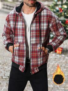 Manfinity CasualCool Men's Autumn Plaid Long Sleeve Zip Front Drawstring Hooded Jacket, Christmas - Multicolor - View 3