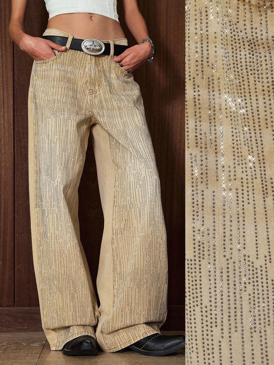Easelle Jeans vintage kaki à jambes larges, coupe ample, avec poches et ornements de strass pour femmes. Tenue de fête pour l'hiver et l'automne - Kaki - Voir 1