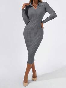 Cloudara Solid Ribbed Knit Bodycon Sweater Dress - Grey - View 3