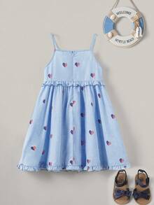 Joliand Joliand 1 pieza Vestido camiseta ajustada con volantes de color azul claro con estampado de corazón y bandera, elegante y urbano, apropiado para uso casual, diario, de viaje y playa, para niñas jóvenes