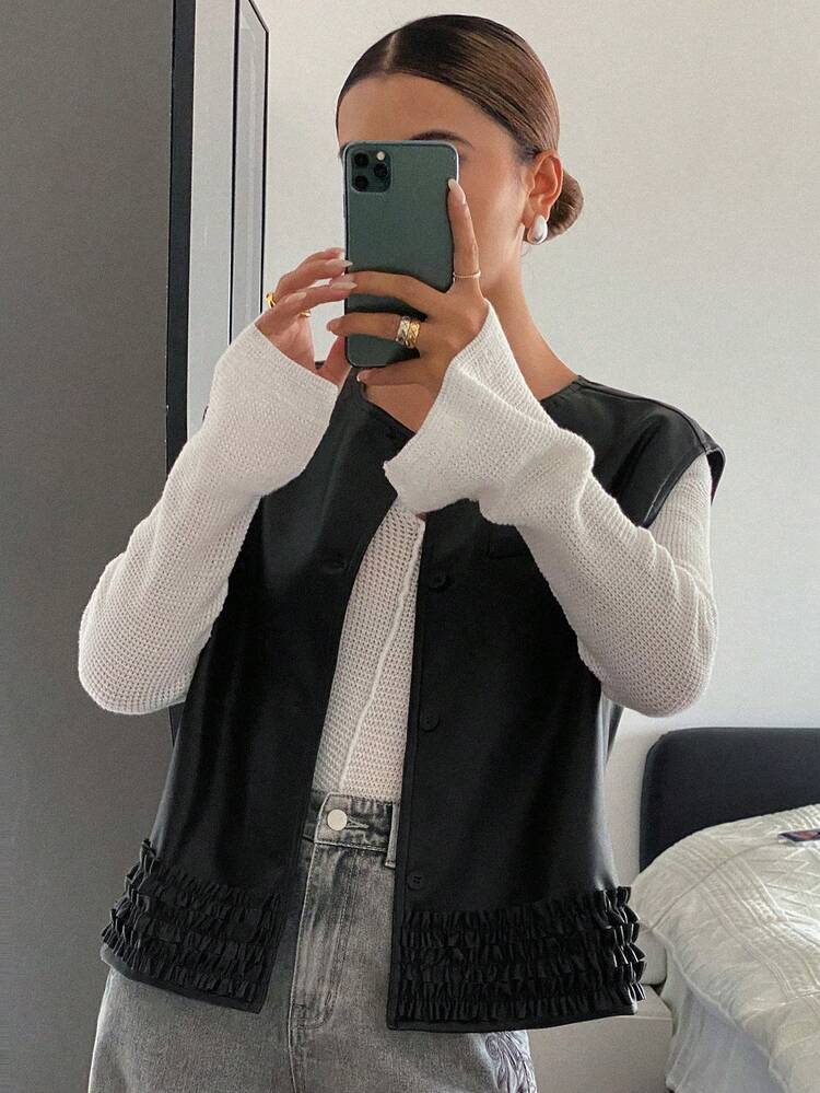 Women's Autumn/Winter Lace Hem Patchwork Sleeveless PU Leather Vest Jacket, Casual City Style