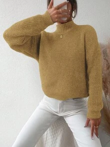 EURMUSE Women's Stand Collar Drop Shoulder Sweater - Beige - View 3