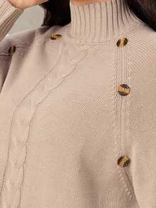 EMERY ROSE Plus Size Solid Color Button Decor Turtleneck Casual Versatile Long Sleeve Pullover Sweater - Khaki - View 4
