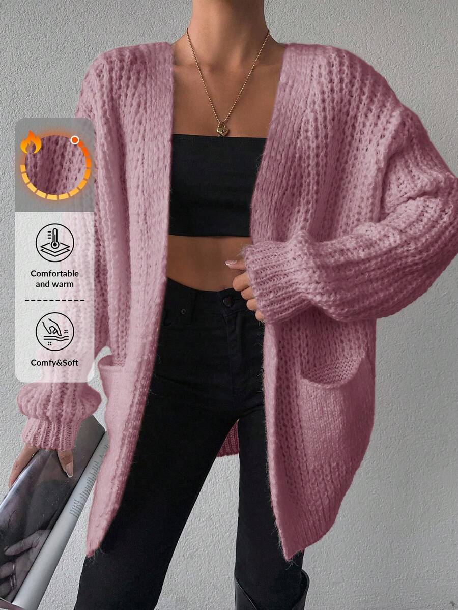 SHEIN Solid Color Pocket Long Sleeve Cardigan - Dusty Pink - View 1