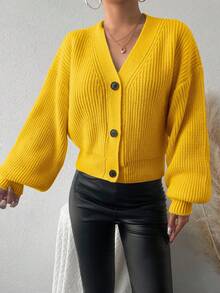 EURMUSE Women's Lantern Sleeve Button Down Cardigan - Yellow - View 4