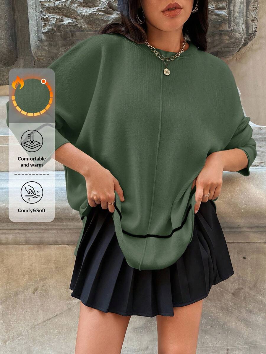 EURMUSE Women's Solid Color Crew Neck Long Sleeve Minimalist Sweater, Casual Everyday - Army Green - View 1