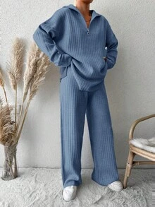 EURMUSE Women's Zip-up Cardigan Sweater 2pcs/set - Dusty Blue - View 4