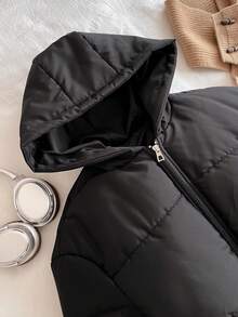 Teen Girls Casual Short Hooded Padded Coat, Thermal Lined, Loose Fit, Comfortable, Suitable For Autumn/Winter, Daily Wear, Outdoor, Party, Photo Shoot - Black - View 3