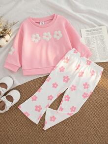 SHEIN Playful Pals 女婴秋冬新款荷叶边领长袖花卉贴花卫衣和罗纹花卉印花喇叭裤休闲运动套装 - 粉色 - 查看 1