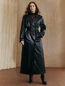 Anewsta Black Fashionable High Collar Double-Breasted PU Padded Long Jacket - Black - View 4