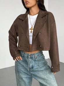 SHEIN EZwear Áo khoác dáng dài hai hàng cúc màu trơn dành cho nữ mùa Thu Đông 2025, kiểu dáng công sở màu nâu, thích hợp cho Giáng sinh và mùa Thu, trang phục Halloween. - Cà phê nâu - Xem 3