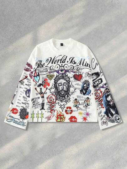 ROMWE MEN Street Life Men's Fashionable Printed Long Sleeve T-Shirt, Autumn