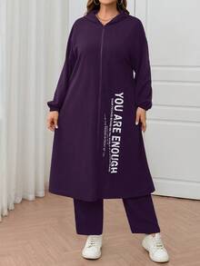 Veilorie Bộ 2 món/Bộ áo khoác hoodie và quần dài in khẩu hiệu thường ngày cỡ lớn, bộ trang phục mùa thu 2 món - Màu tím - Xem 6