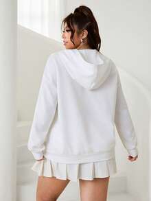 SHEIN EZwear Sudadera con cordón de parches a cuadros de talla grande/Invierno - Blanco - Ver 4