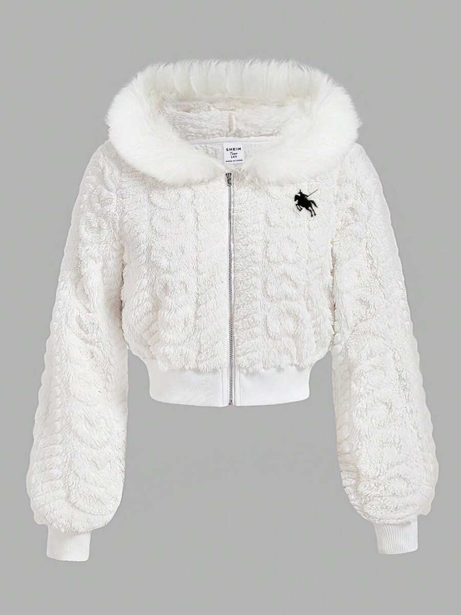 SHEIN Chaqueta deportiva de estilo retro y callejero para niña, con cuello de piel blanca, cremallera, textura de punto y bordado en color blanco y contraste, para otoño e invierno - Blanco - Ver 1