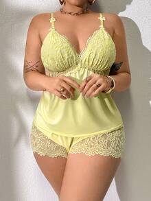 Softscene Plus Size Lace Patchwork Elastic Knit Sexy Backless Camisole & Shorts Pajama Set - Yellow - View 4