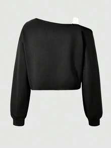 SHEIN Explorewe 1 件女童不对称肩部拼色长袖运动衫 - 黑色 - 查看 2