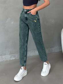 EURMUSE Women's High Waist Pocket Distressed Tapered Casual Jeans - Dusty Blue - View 4