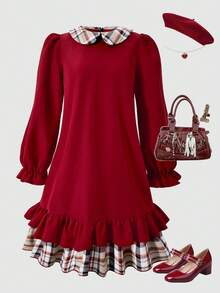 青少年女孩彼得潘领泡泡袖荷叶边下摆连衣裙 - 彩色 - 查看 3