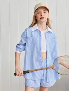 SHEIN 2pcs Tween Girls Blue And White Stripe Blouse And Shorts Set,Casual Loose Long Sleeve Oversized Shirt Two Piece Set For School,Autumn Back-To-School - Blue - View 2