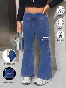 SHEIN 少女蓝色牛仔弹力紧身喇叭裤 - 深色水洗藍 - 查看 1