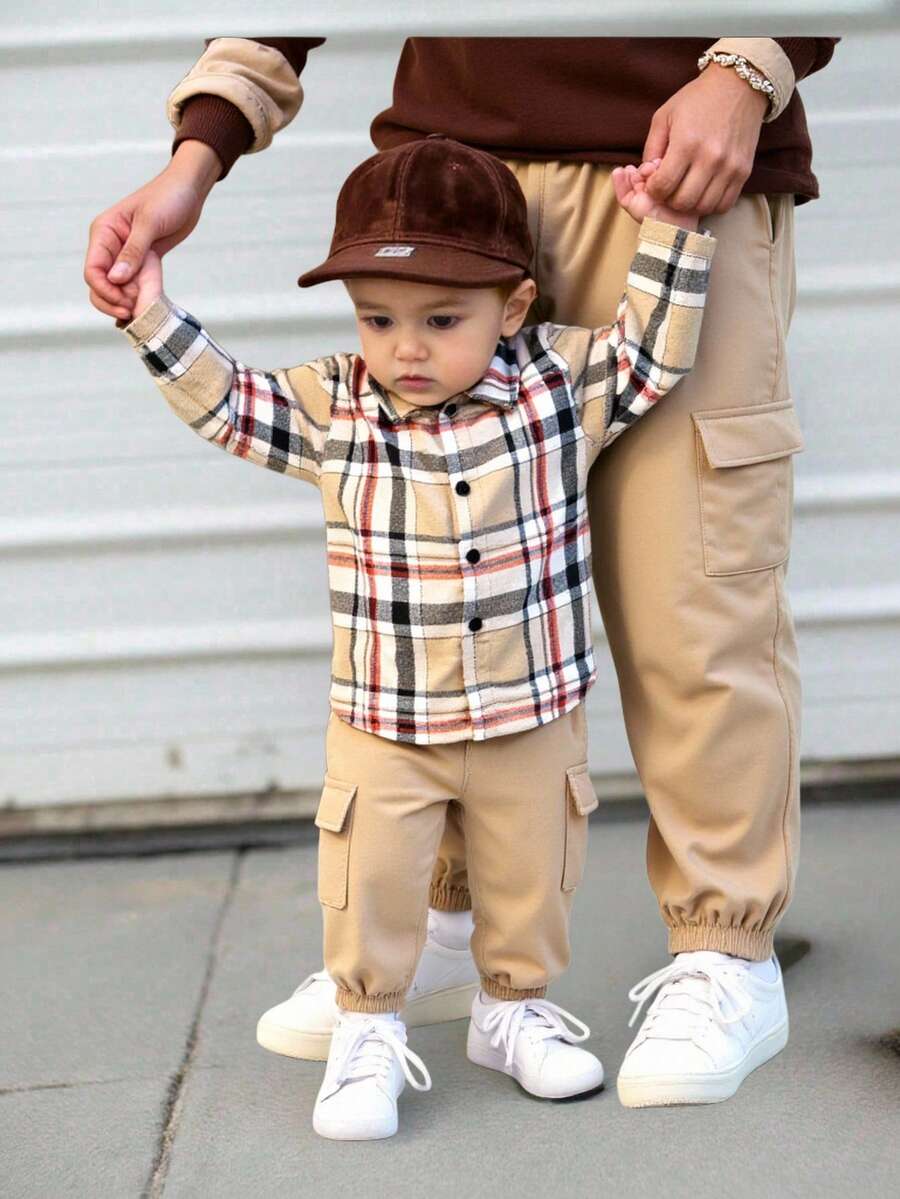 SHEIN Baby BoyGirls Casual Comfortable Plaid Long Sleeve Shirt And Ankle Tied Pants 2Pcs Set Fall Winter - Khaki - View 1