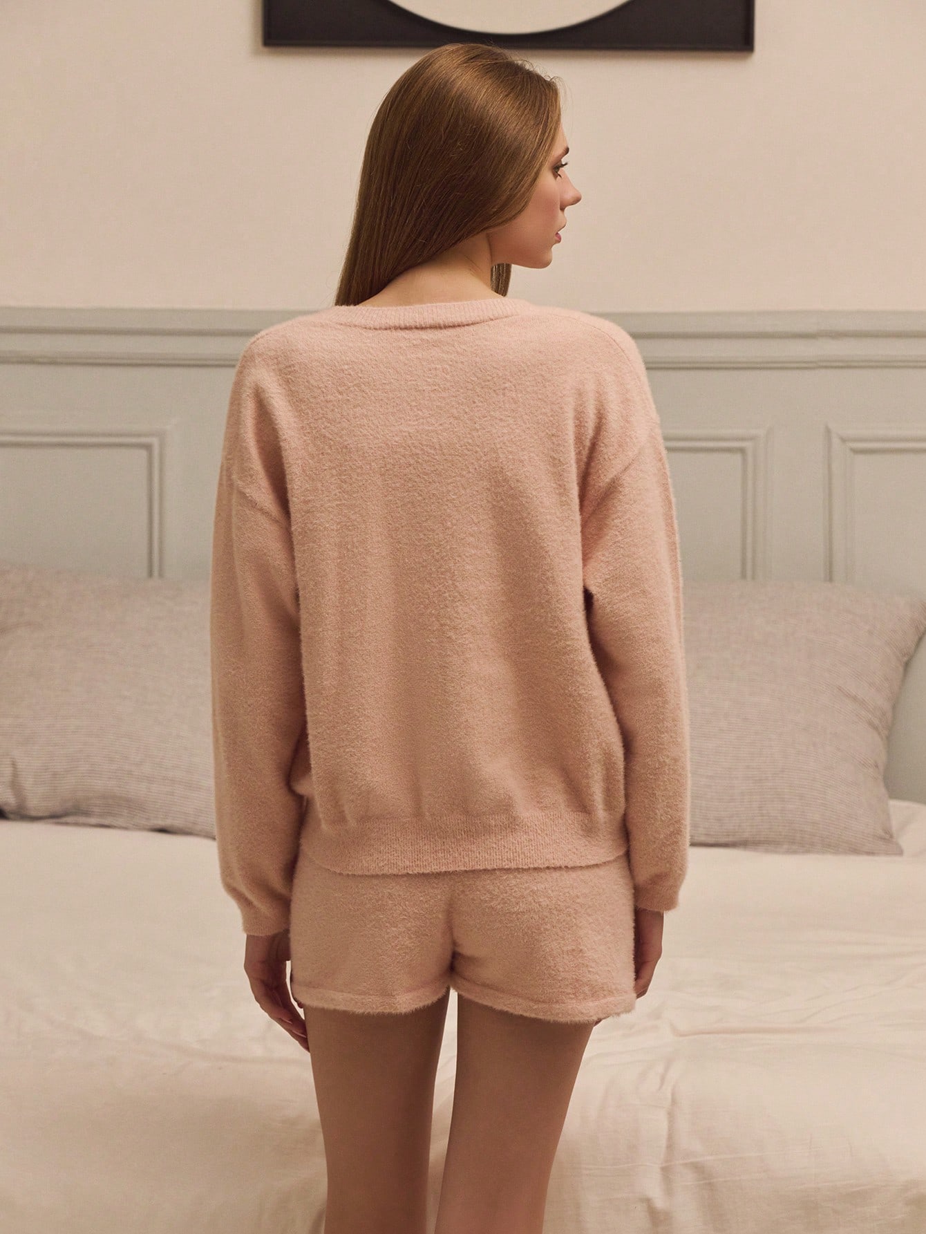 Cream Fluffy Knit Cosy 3 Pieces Loungewear Set With Cami Top Shorts And Pear Button Front Cardigan Loungewear Women Comfy Set Sleep Wear Women Pink Lounge Wear