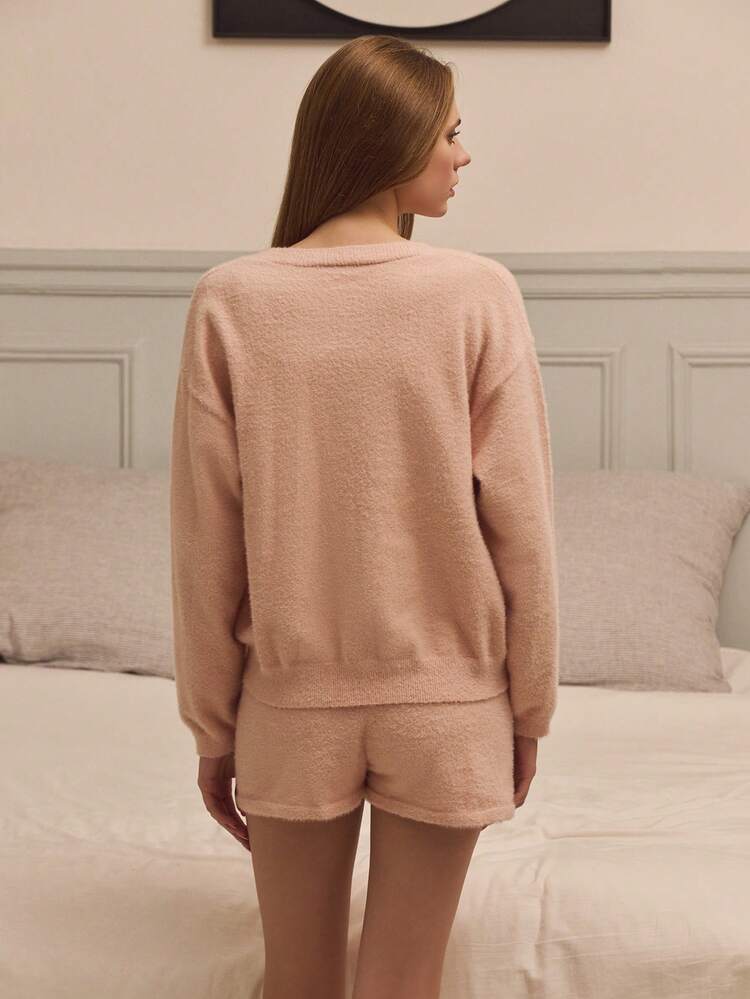 Ensemble 3 pièces de tenue de détente en tricot moelleux et douillet avec débardeur, short et cardigan à boutons devant en poire