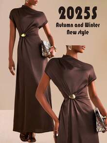 Zivah 2025 冬季新款新年情人节派对晚宴聚会约会生日派对学院风学生装日常外出百搭休闲邮轮旅行网红热销款优雅通勤商务休闲网红热销款不对称肩部短袖腰部褶皱装饰扣咖啡色缎面秋冬长裙派对礼服约会礼服圣诞礼服新年礼服女装 - 咖啡棕 - 查看 3