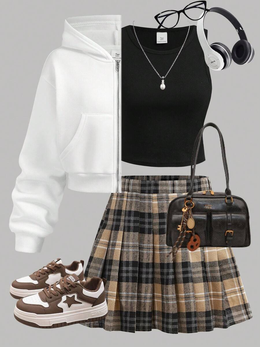 SHEIN Girlism 3 件套青少年女孩白色连帽拉链运动衫、针织背心和褶皱格子裙，休闲校园/日常装 - 卡其色 - 查看 1