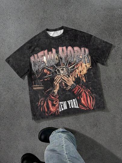 Manfinity EMRG Camiseta casual vintage con estampado de figura para hombres de talla grande