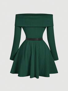 SHEIN MOD 1 chiếc váy xòe eo dài hở vai, váy dự tiệc, váy chụp ảnh, váy năm mới, váy mùa đông, váy hở vai màu xanh lá cây đậm, quần áo mùa đông cho nữ, váy xanh lá cây đậm cho nữ, trang phục năm mới - Màu xanh lá cây đậm - Xem 2