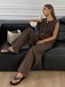 DAZY 女士圆领开衫和阔腿牛仔裤休闲套装 Y2k - 咖啡棕 - 查看 6