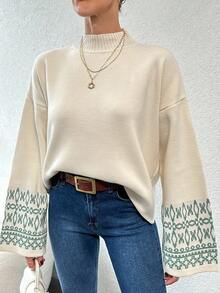 EURMUSE Geometric Pattern Drop Shoulder Pullover Sweater - Beige - View 3