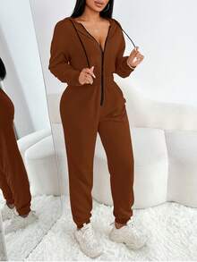 Zolique Women's Casual Sports Style Everyday Commute Contrast Color Drawstring Hooded Zip-Up Jumpsuit, Spring/Autumn - Coffee Brown - View 5