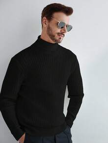Manfinity Homme 男士欧美风博主时尚3D罗纹纯色高领休闲修身毛衣，长袖上衣 - 黑色 - 查看 5