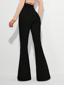 SHEIN Frenchy Quần Jeans Ống Loe Túi Xiên Viền Thô Cổ Điển - màu đen - Xem 2