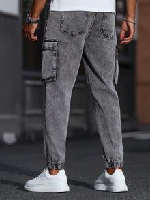 Manfinity Homme Pantalones vaqueros casuales y versátiles para hombres con cintura con cordón y bolsillos