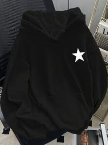 Women's Loose-Fitting, Long-Sleeved Sweatshirt With Pentagram Print And Dropped Shoulders, Autumn - Black - View 2