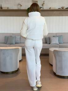 Cioccolato Chaleco acolchado sin mangas con bolsillo con cremallera de unicolor para mujer, para invierno