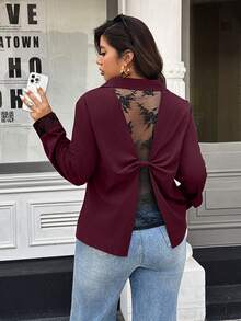 Easura Blusa de moda de manga larga con encaje de contraste para mujer de talla grande