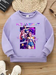 女童休闲女巫猎人图案印花卫衣，舒适柔软，时尚，适合户外运动，儿童可单穿，长袖上衣 - 紫色 - 查看 3