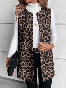 EMERY ROSE Chaqueta sin mangas de cuello redondo con estampado de leopardo minimalista y casual de talla grande - Multicolor - Ver 7