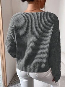 SHEIN Cottnline 女士v領下垂肩長袖套頭毛衣 - 深灰色 - 查看 2