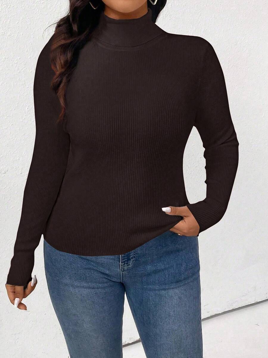 Plus Size Women Casual Everyday Commute Simple Solid Color High Neck Fitted Pullover Sweater, Autumn/Winter - Coffee Brown - View 1