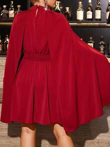 Auvina 大码女士优雅浪漫褶皱领斗篷式修身不对称下摆中长连衣裙，酒红色，春秋季 - 酒紅色 - 查看 2
