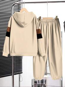 Tween-Jungen 2 Stücke Lässig Classic Farbblock Patchwork, Nummer 66 & König Text Grafik Muster Langarm Kapuzenpullover und Jogginghose Set, bequem für Herbst/Winter