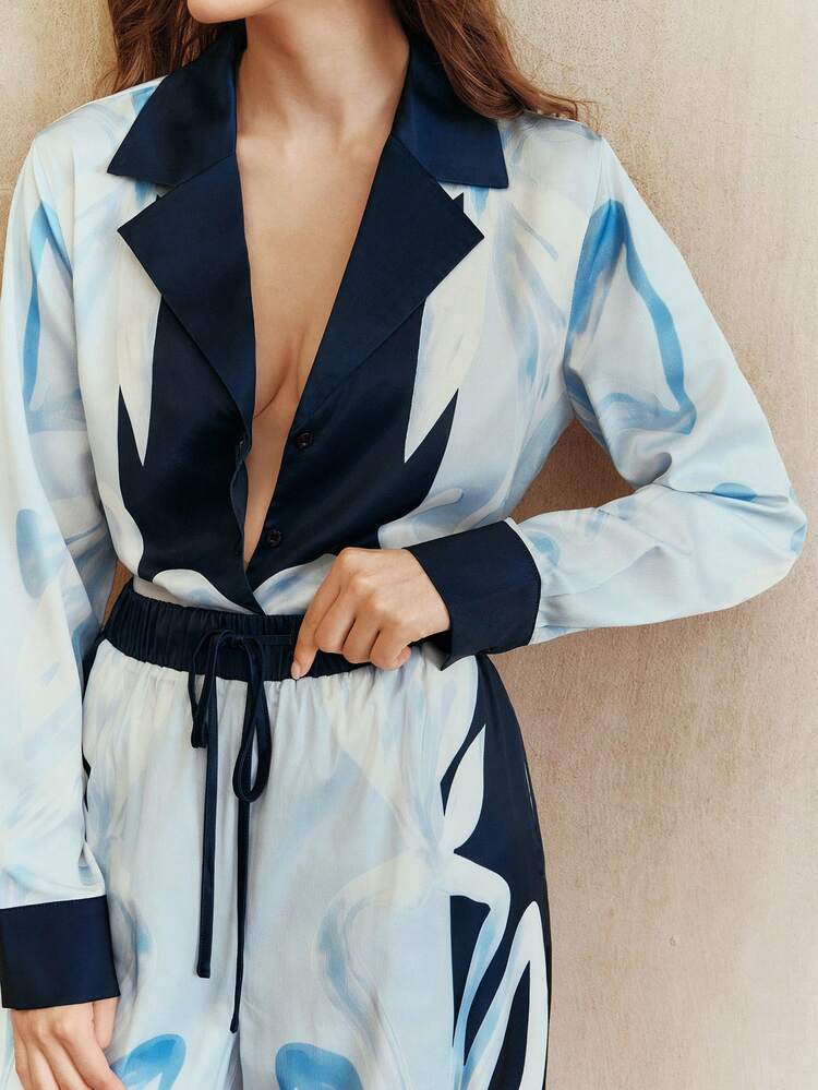2pcs Women's Fashionable Casual Printed Blazer & Wide Leg Pants Suit, Spring/Summer